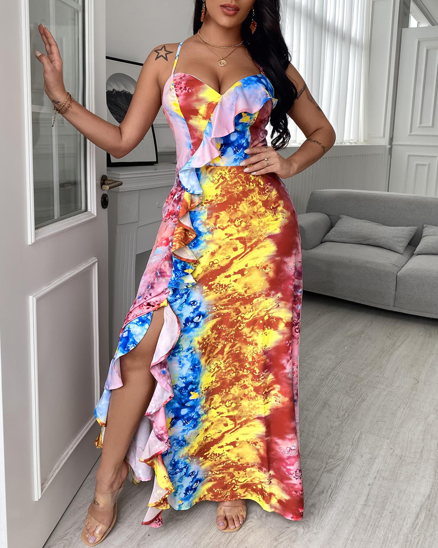 

Colorblock Ruffle Hem Sleeveless Crisscross Halter Backless Slit Maxi Dress, Multicolor