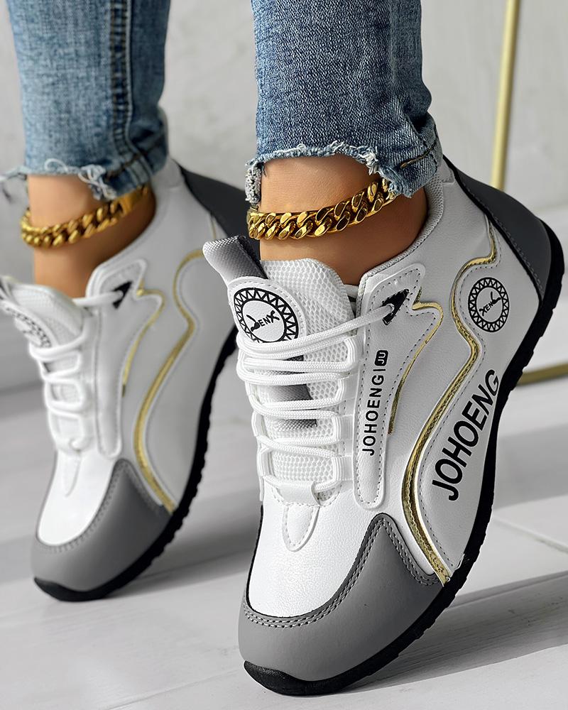 

Colorblock Letter Print Lace-up Platform Casual Sneakers, Gray