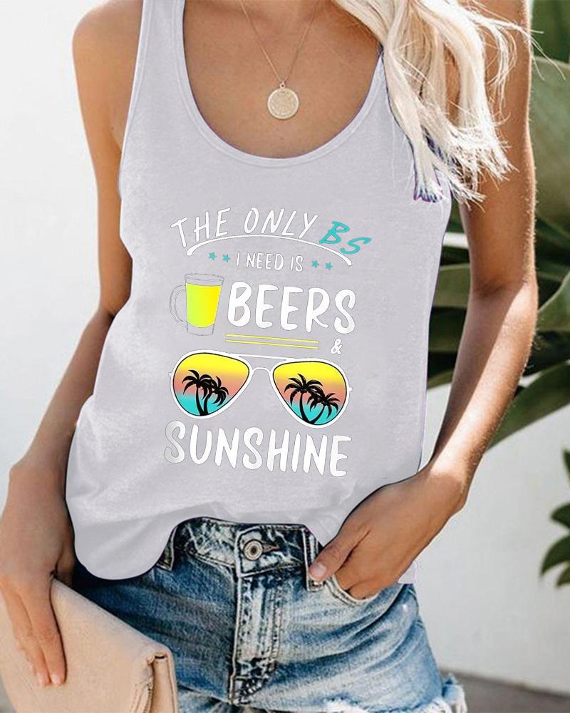 

Sunglasses Beers Coconut Tree Letter Print Graphic Tee Summer Beach Vest Tank Top, White