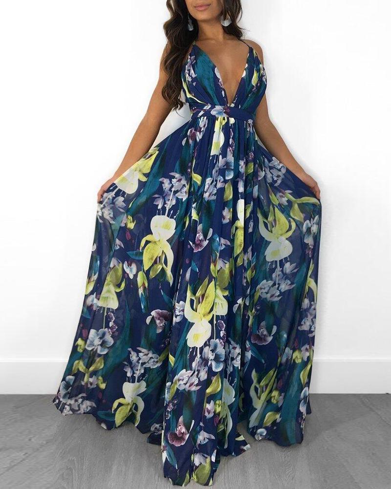 

Floral Print Pleated Backless Slip Maxi Dress, Dark blue