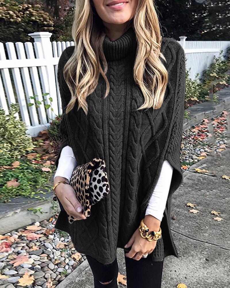 

High Neck Cloak Sleeve Braided Sweater, Black
