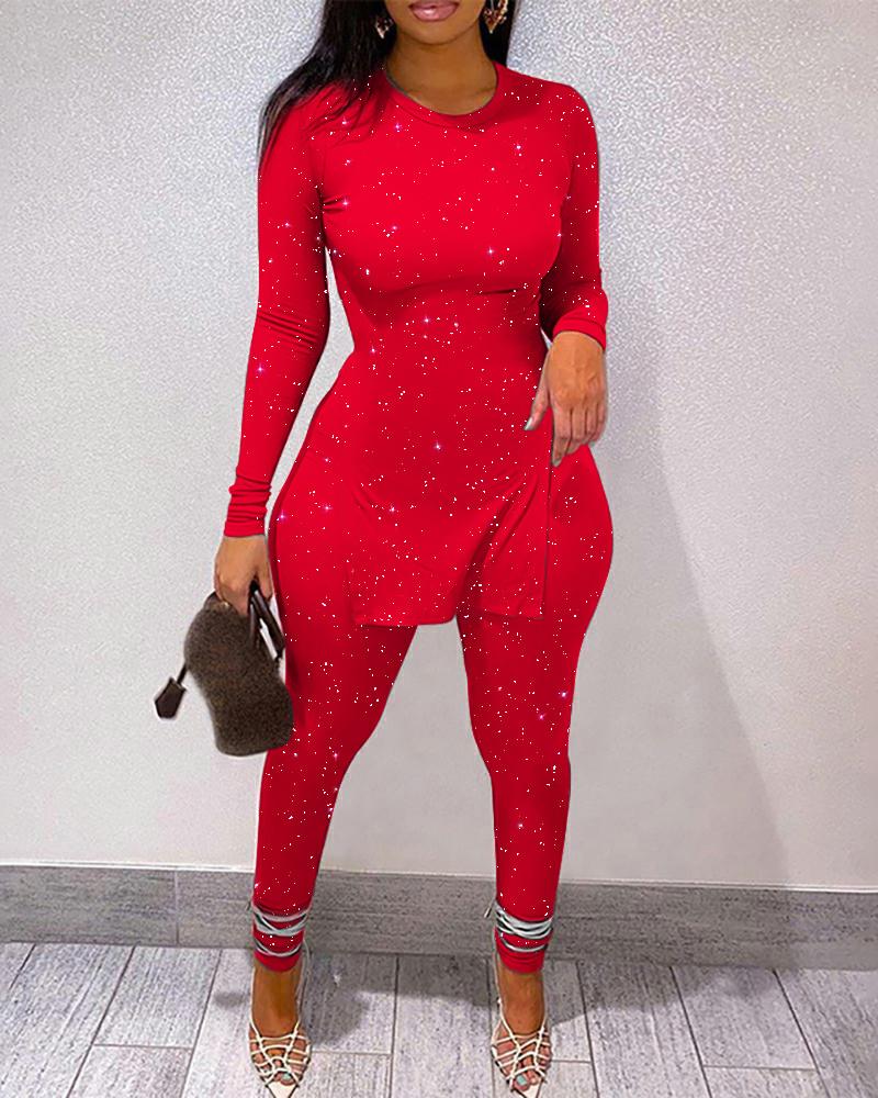 

Glitter Long Sleeve Split Hem Top & Pants Set, Red