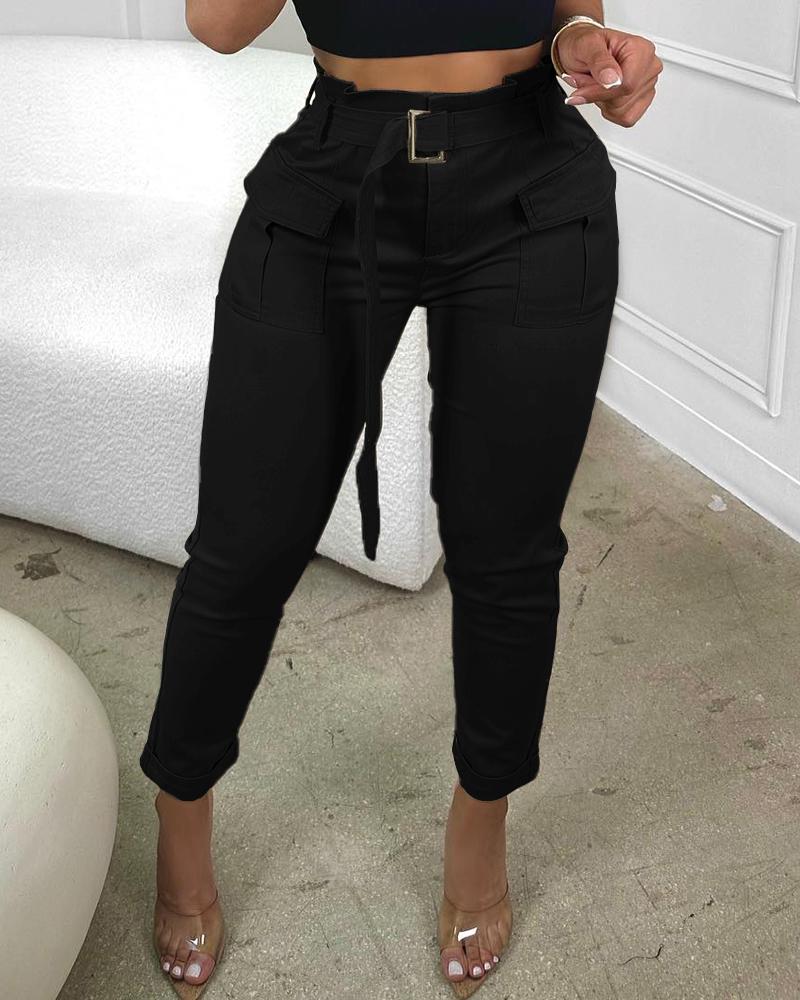 

High Waist Pocket Design Cargo Pants With Belt, Black