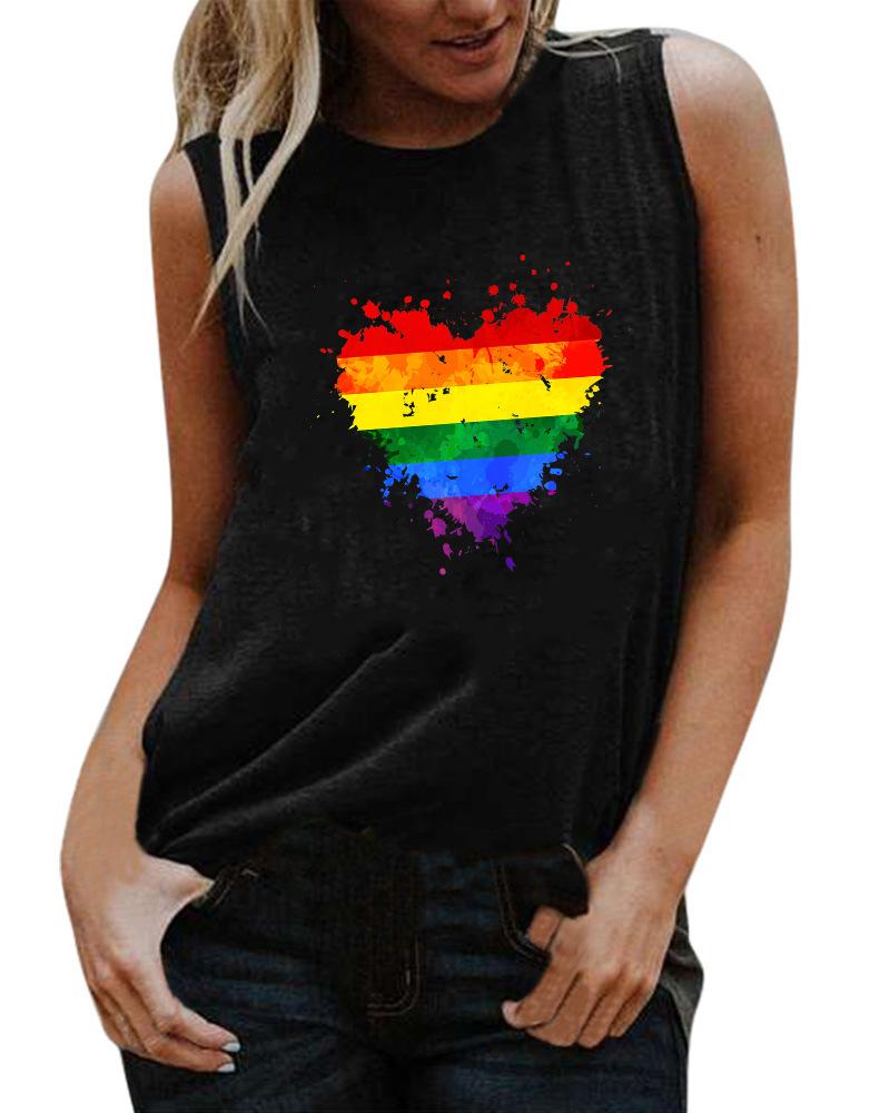 

Rainbow Stripe Heart Print Tank Top, Black