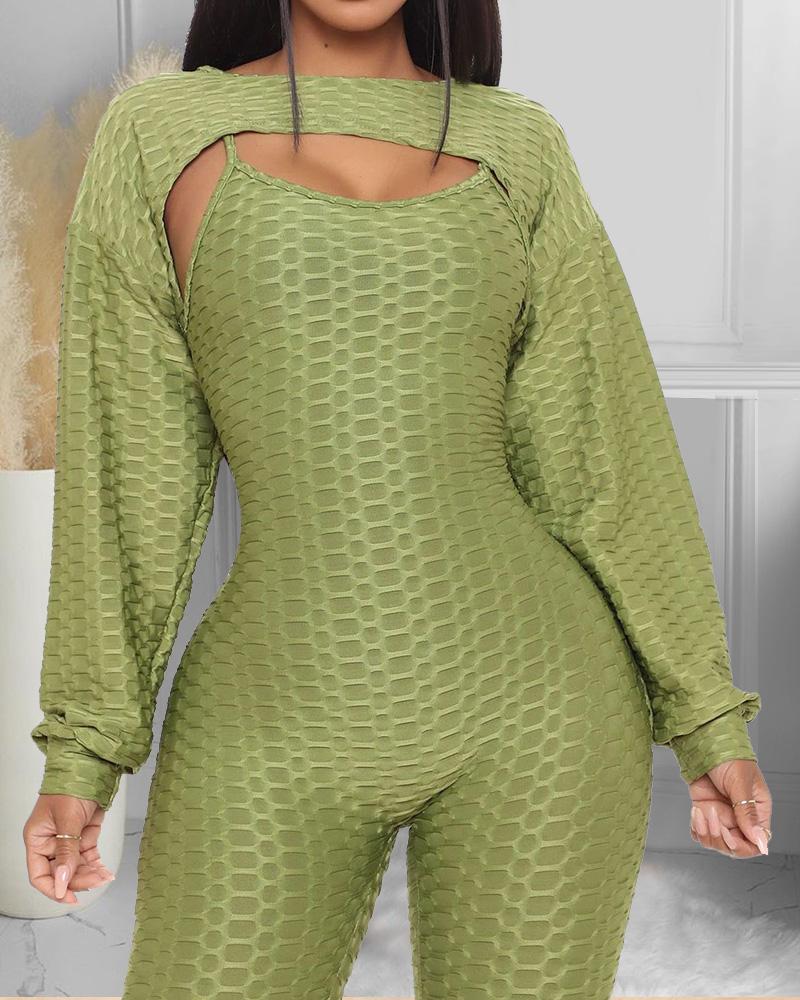 

Textured Lantern Sleeve Top & Spaghetti Strap Jumpsuit Set, Green