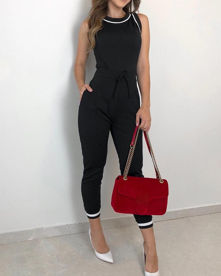 

Contrast Binding Tie Waist Casual Jumpsuit, Black
