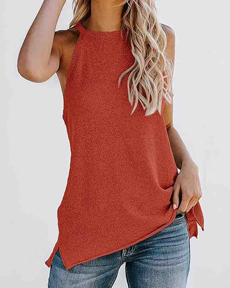 

Sleeveless Plain Side Slit O-neck Top, Red