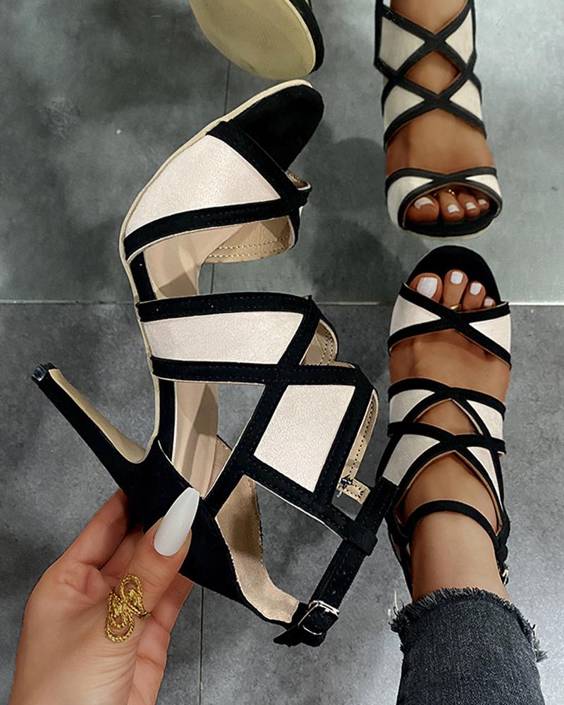 

Colorblock Pointed-toe High Heel Cut-out Sandals, Beige