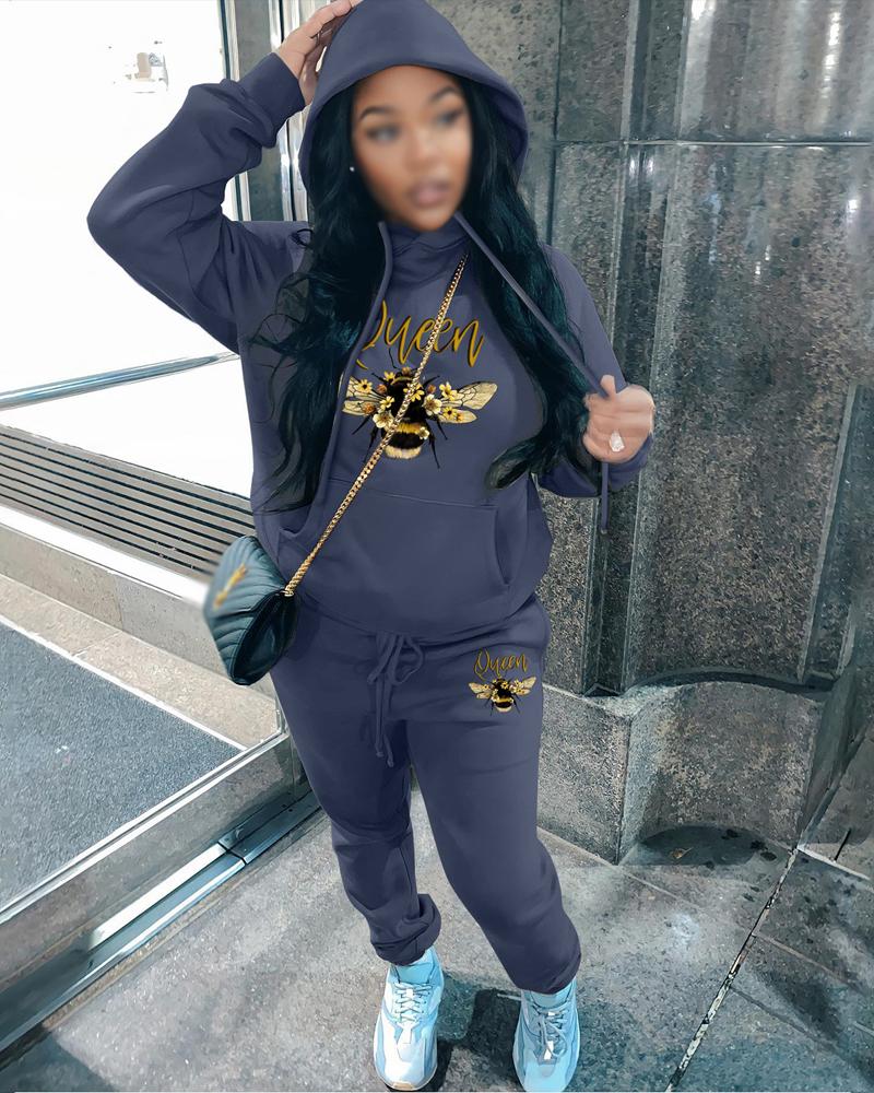 

Letter Bee Print Long Sleeve Hoodie & Pants Set, Purplish blue