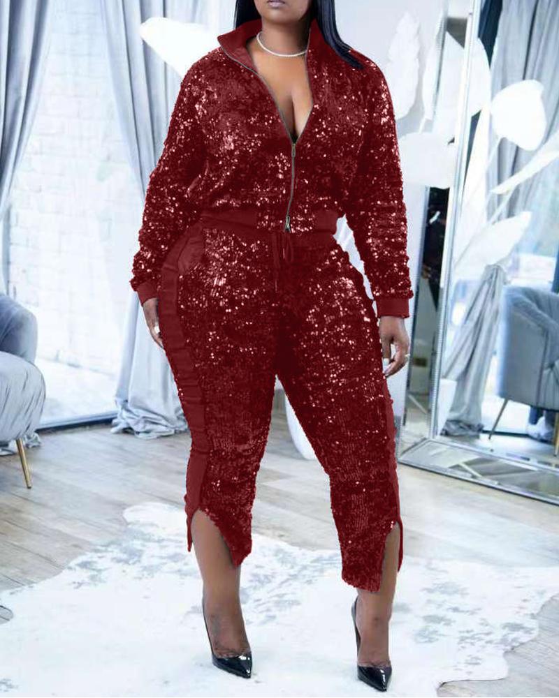 

Contrast Sequin Zip Up Top & Split Hem Pants Set, Wine red