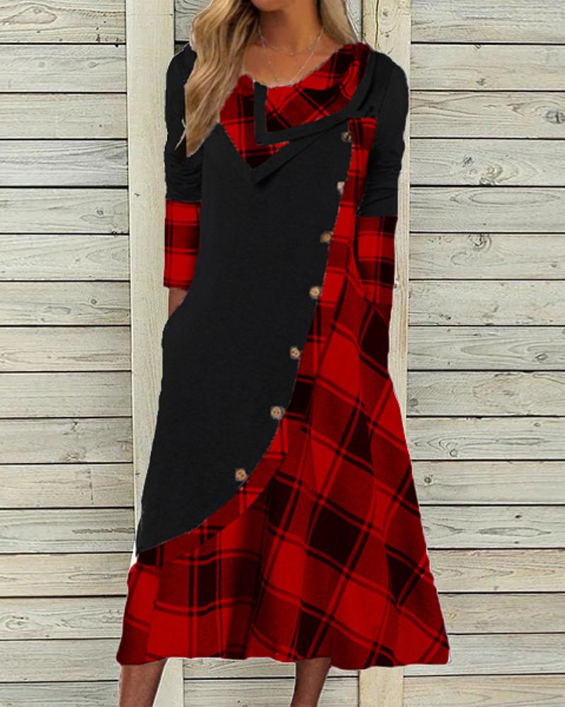 

Contrast Plaid Button Decor Long Sleeve Casual Dress, Red