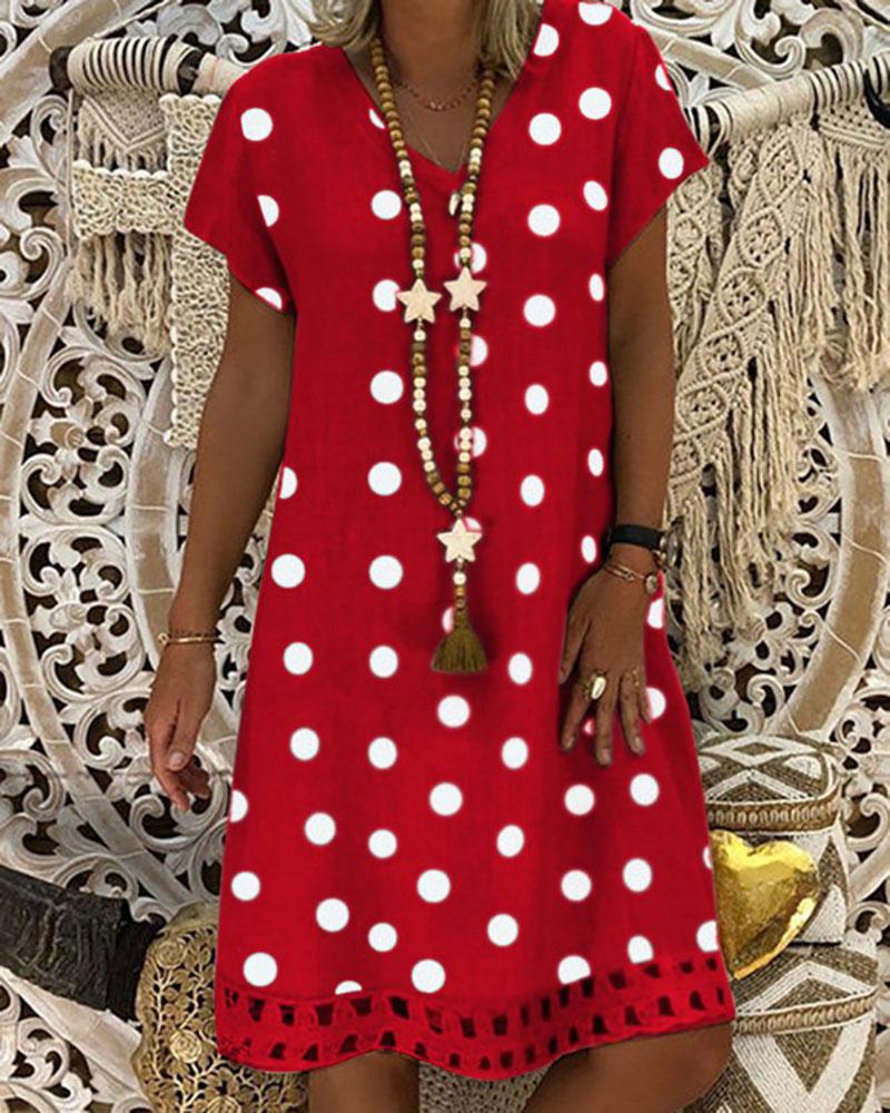 

Polka Dot Print V-Neck Casual Dress, Red