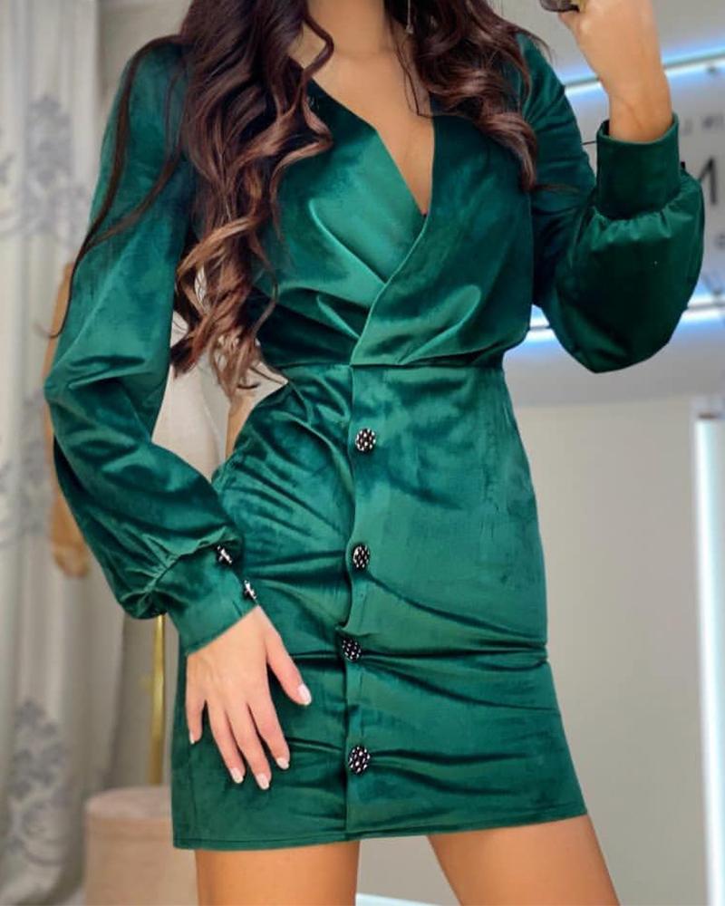 

Velvet Lantern Sleeve Button Design Bodycon Dress, Green