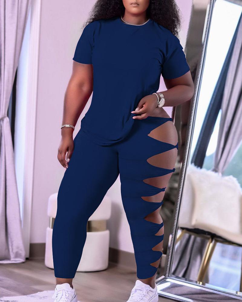 

Solid Color Tee & Cut-out Skinny Pants Set, Blue
