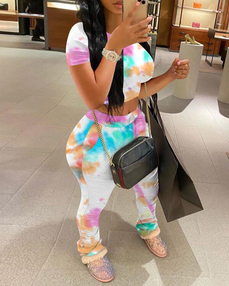 Conjunto de pantalón y top casual de manga corta con estampado Tie Dye