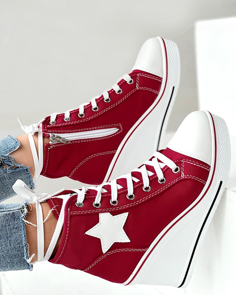 

Eyelet Lace-up Zipper Star Print Wedge Canvas Shoes, Red