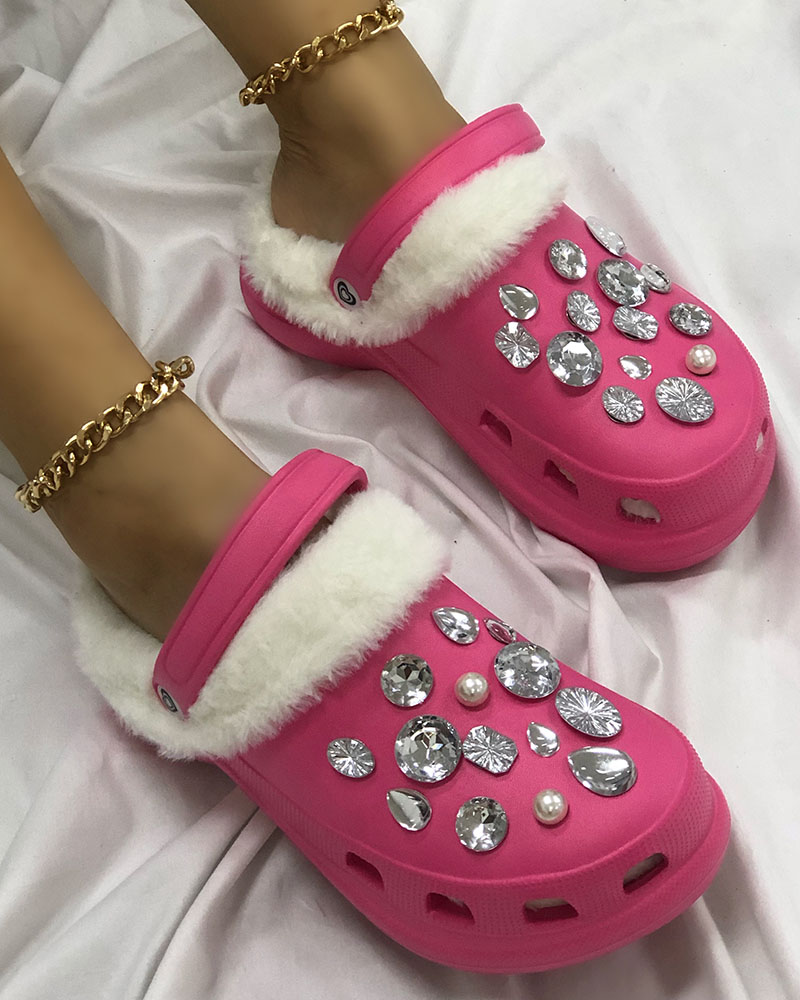 

Rhinestone Beaded Lined Fluffy Clogs, Hot pink