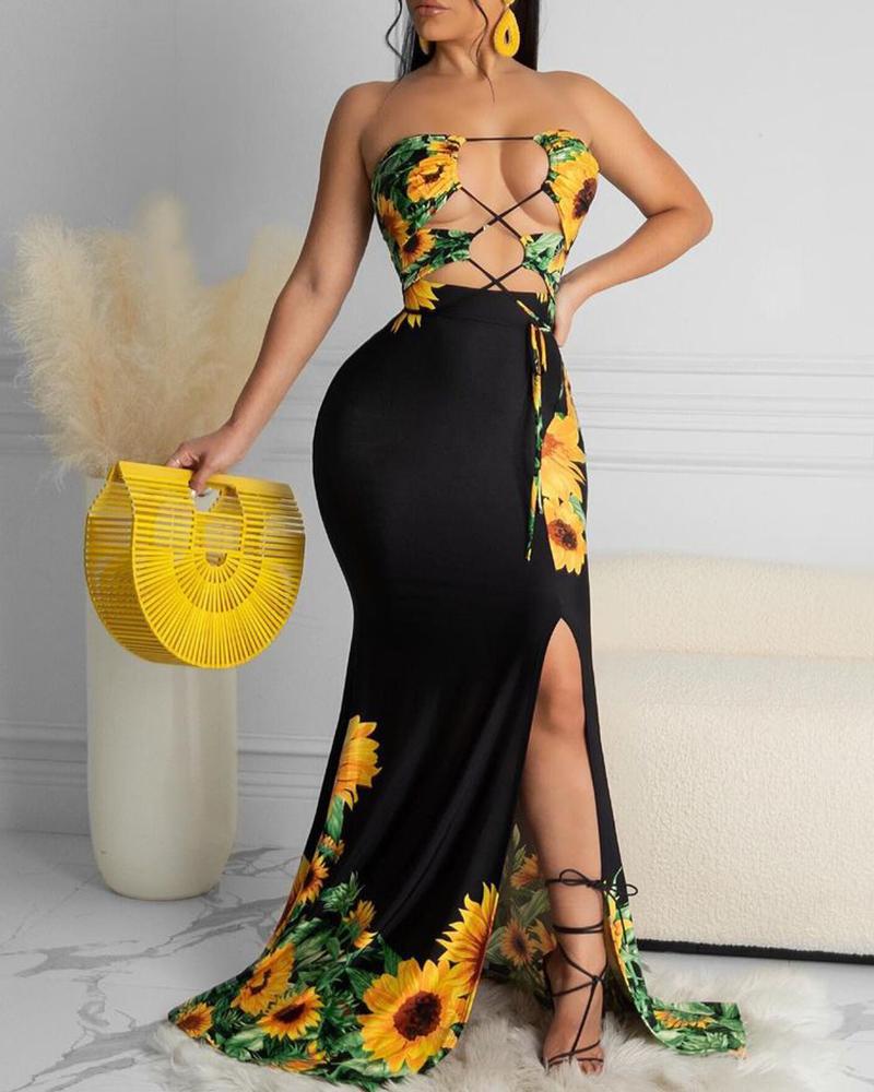 

Sunflower Lace-up Bandeau Top & High Slit Maxi Skirt Set, Black