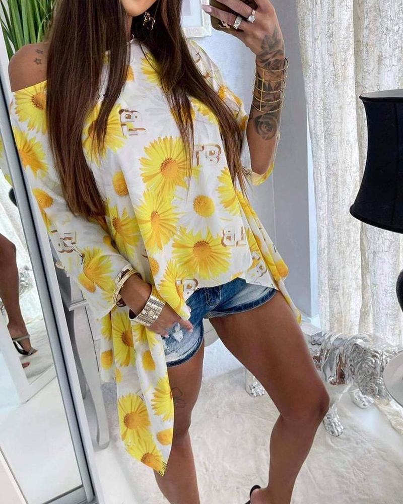 

Slash Neck Floral Print High-low Blouse, Yellow