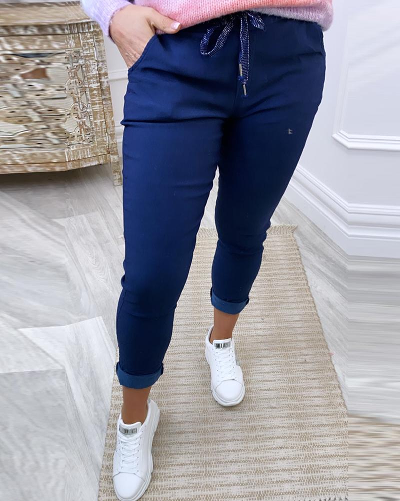 

Drawstring Pocket Design Skinny Pants, Dark blue