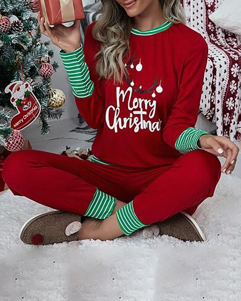 

Christmas Striped Letter Print Long Sleeve Pajamas Set, Red