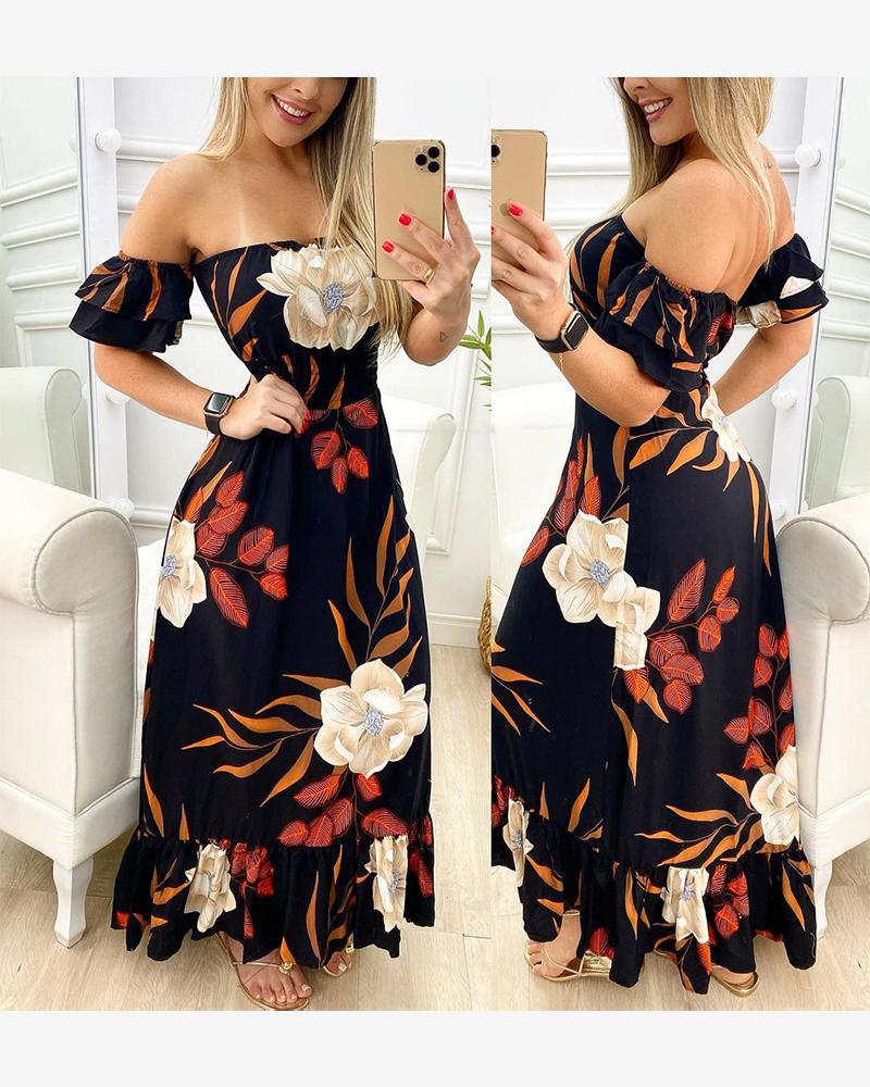 

Floral Print Off Shoulder Short Sleeve Ruffle Hem Maxi Dress, Black