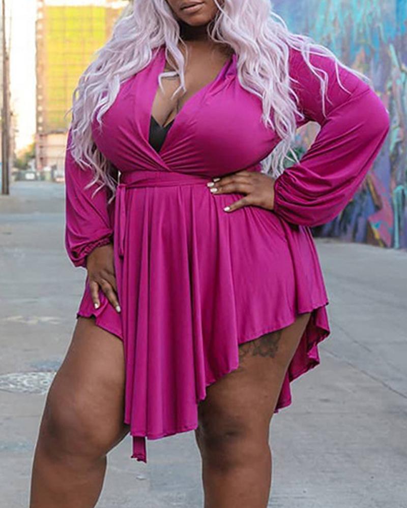 

Plus Size Long Sleeve Asymmetrical Wrap Dress, Hot pink