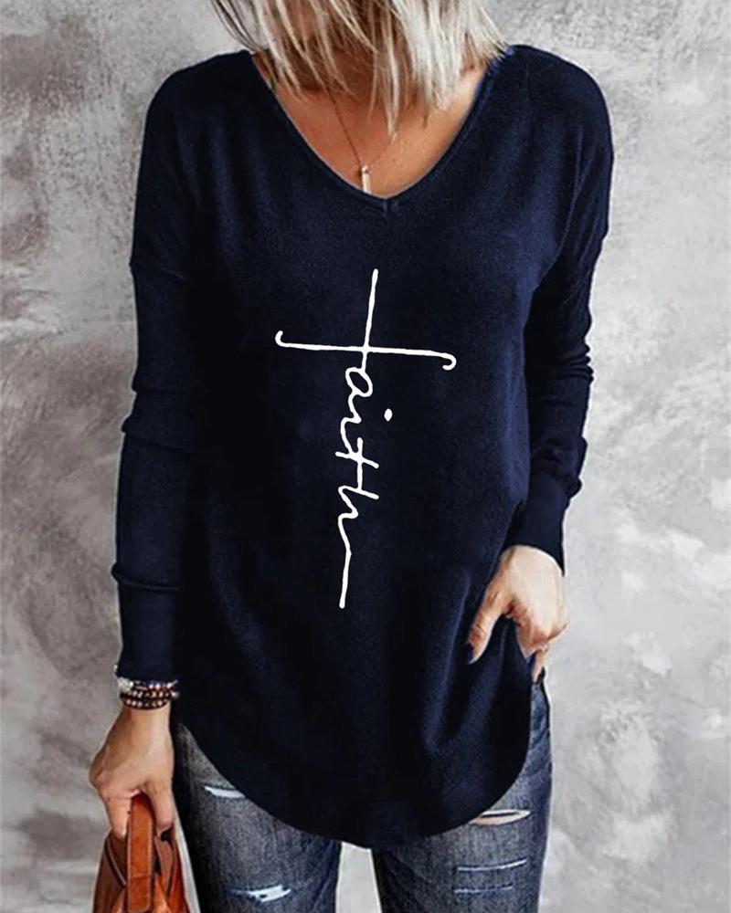 

Letter Print Long Sleeve T-shirt, Dark blue