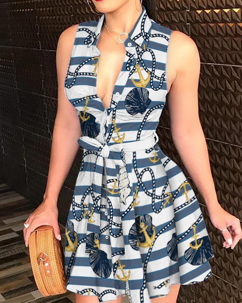 

Striped Print Tie Waist Sleeveless Shirt Dress, Blue