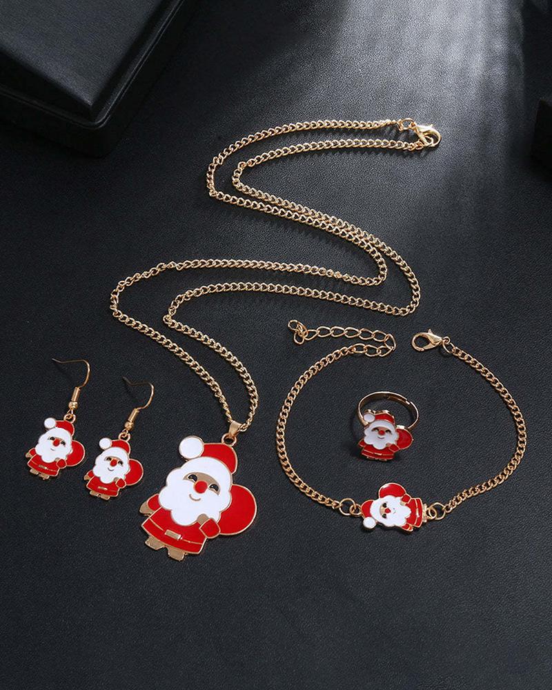 

4PCS Christmas Tree Snowflake Santa Clause Reindeer Jingle Bell Necklace & Earrings & Ring & Bracelet Jewelry Set, Style4