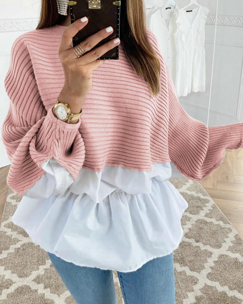 

Colorblock Insert Ruffles Ribbed Batwing Sleeve Blouse, Pink