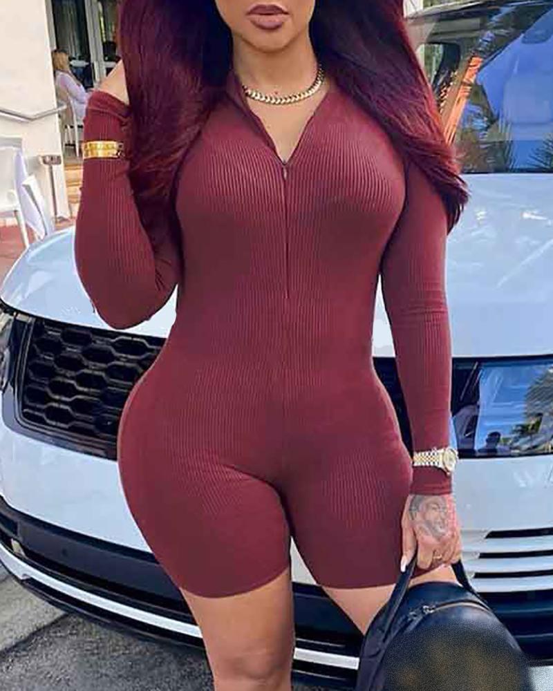 

Ribbed Long Sleeve Zipper Front Skinny Romper, Wine red