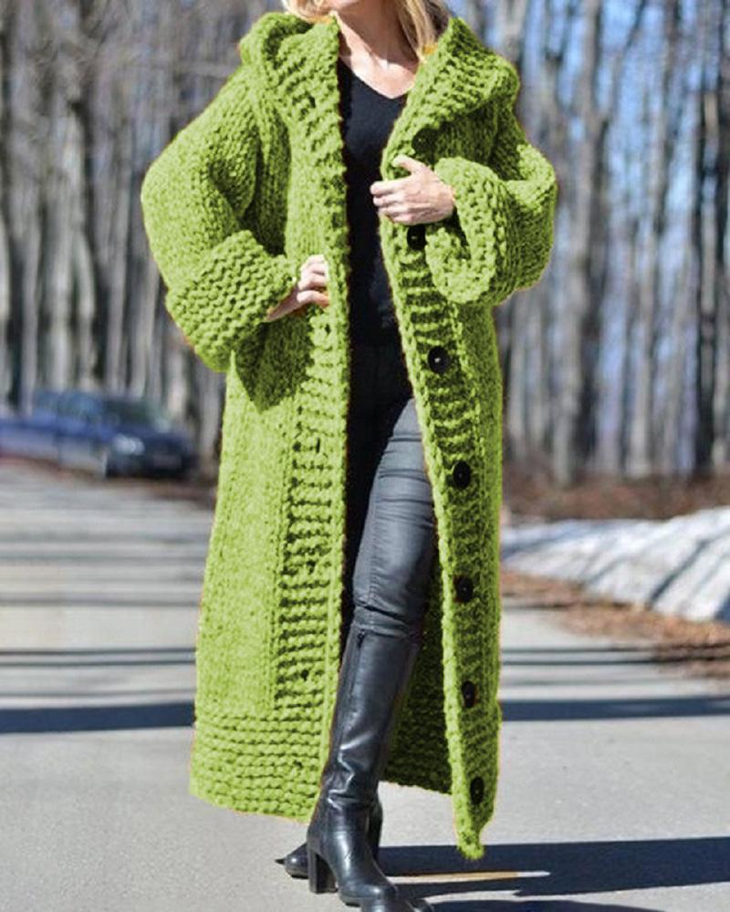 

Long Sleeve Button Design Hooded Knit Cardigan, Green