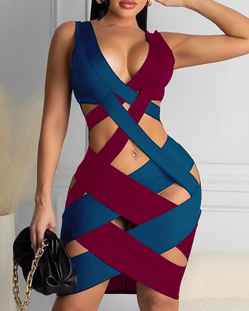 

Colorblock Strappy Cutout Sleeveless Bodycon Dress, Multicolor