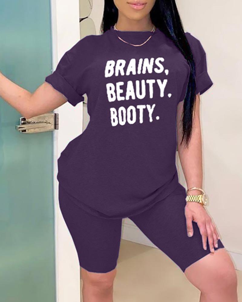 

Letter Print Short Sleeve Top & Shorts Set, Purple