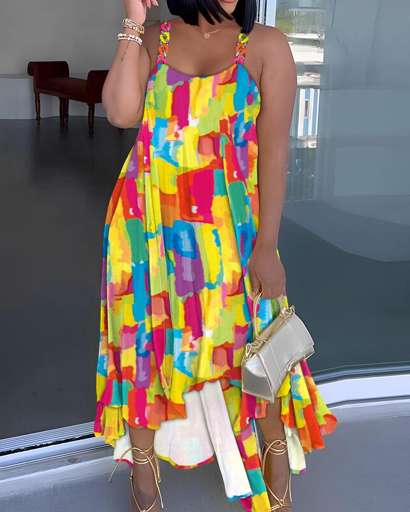 

Plus Size Melting Colors All Over Print Asymmetrical Casual Dress, Multicolor
