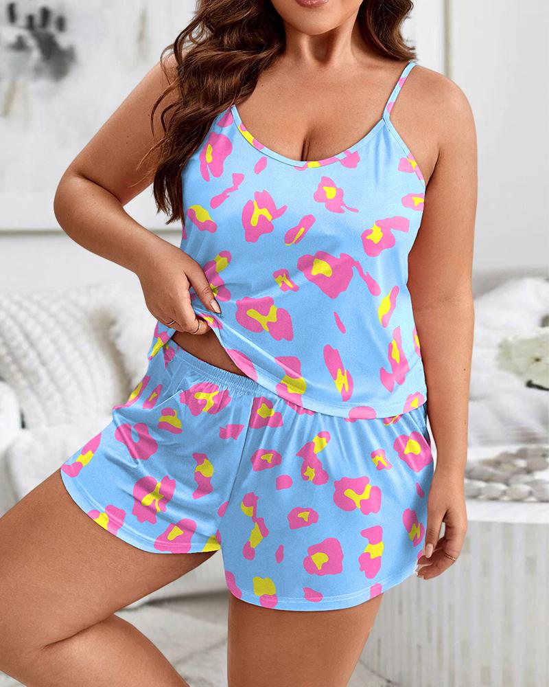 

Plus Size Pink Leopard Print Scoop Neck Cami Set, Blue