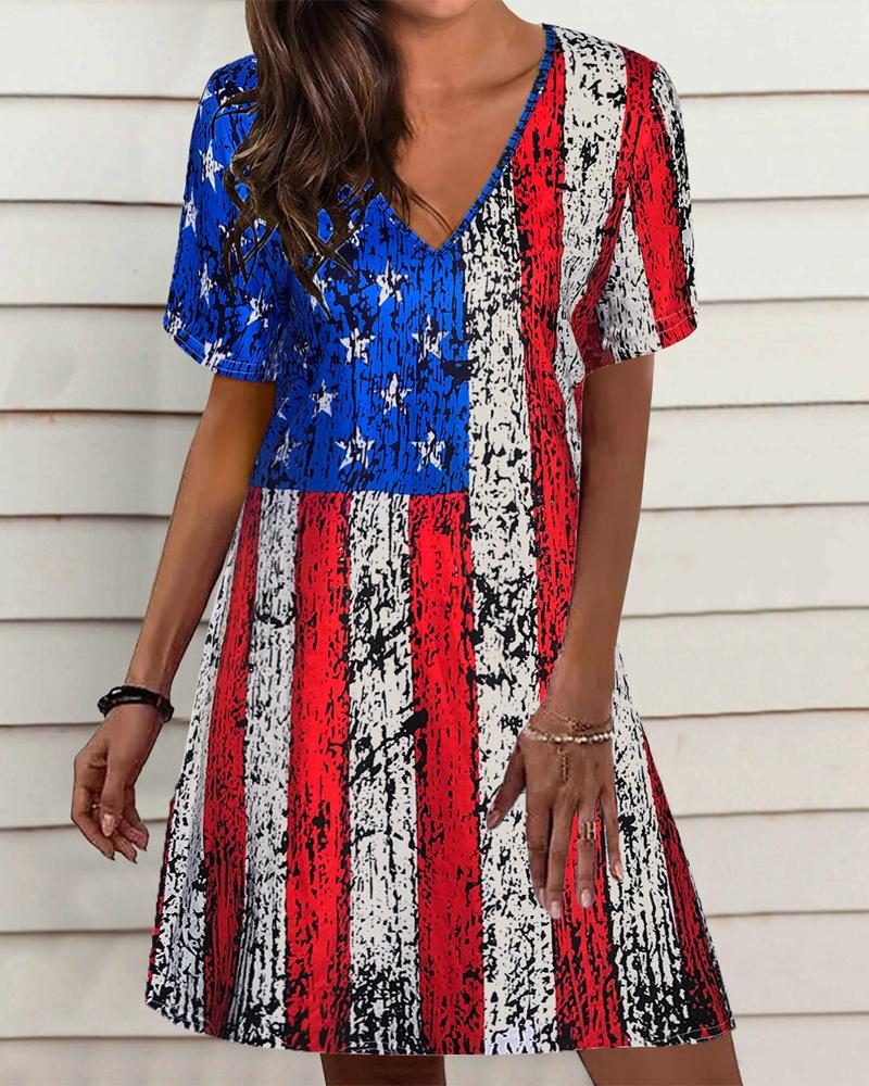 

Independence Day Flag Print V-Neck Casual Dress, Style1