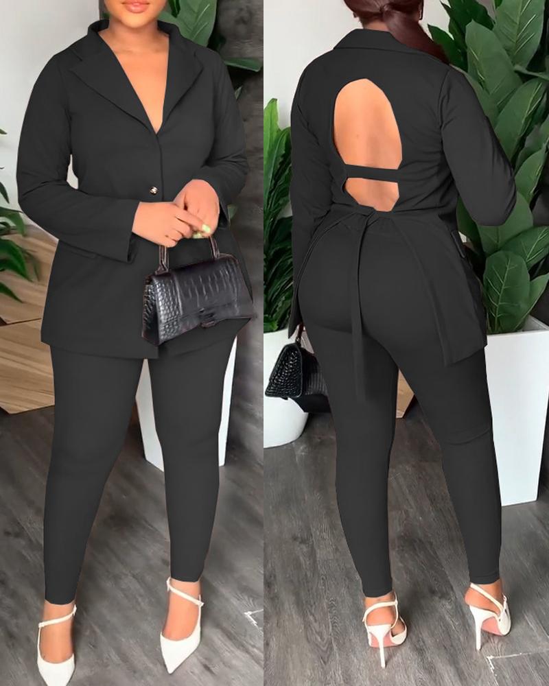 

Long Sleeve Tied Detail Open Back Blazer & Pants Set, Black