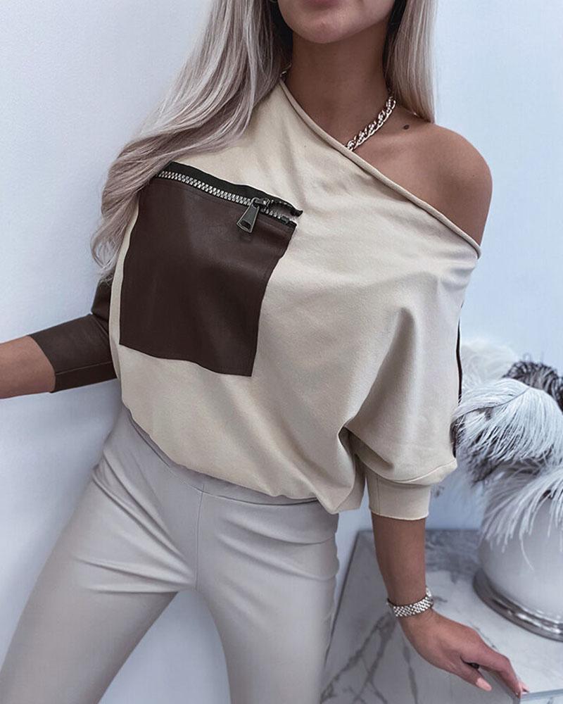 

Colorblock Pocket Design Long Sleeve Top, Apricot