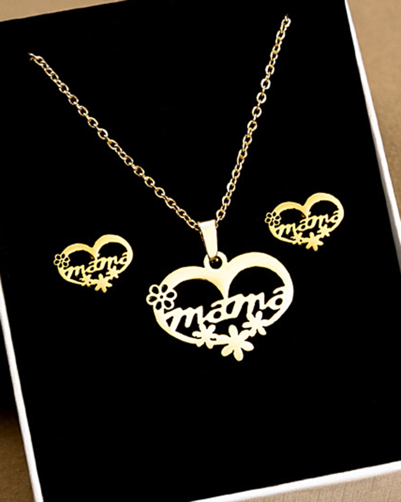 

Mother's Day Hollow Out Heart Letter Mama Necklace & Earrings Jewelry Set, Style1