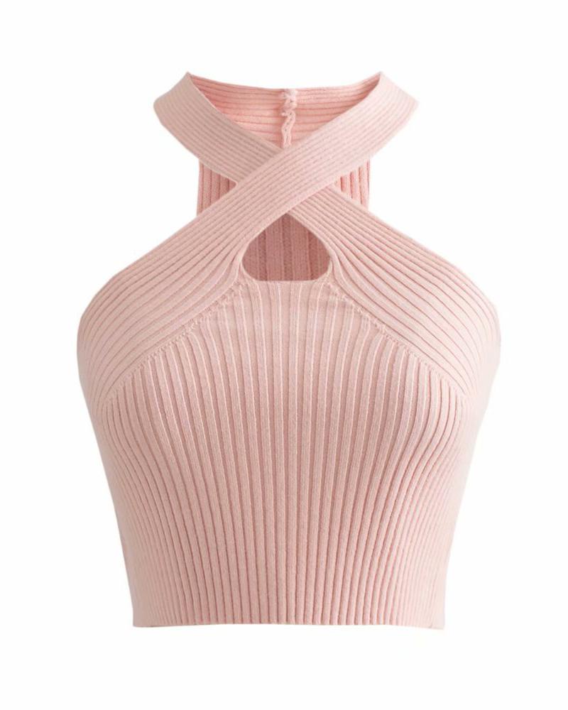 

Cross Halter Cutout Crop Knit Top, Pink