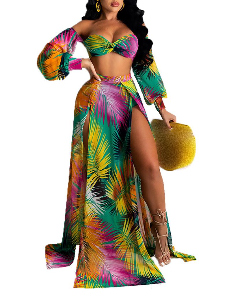 

Tropical Print Off Shoulder Crop Top & Slit Skirt Sets, Style1