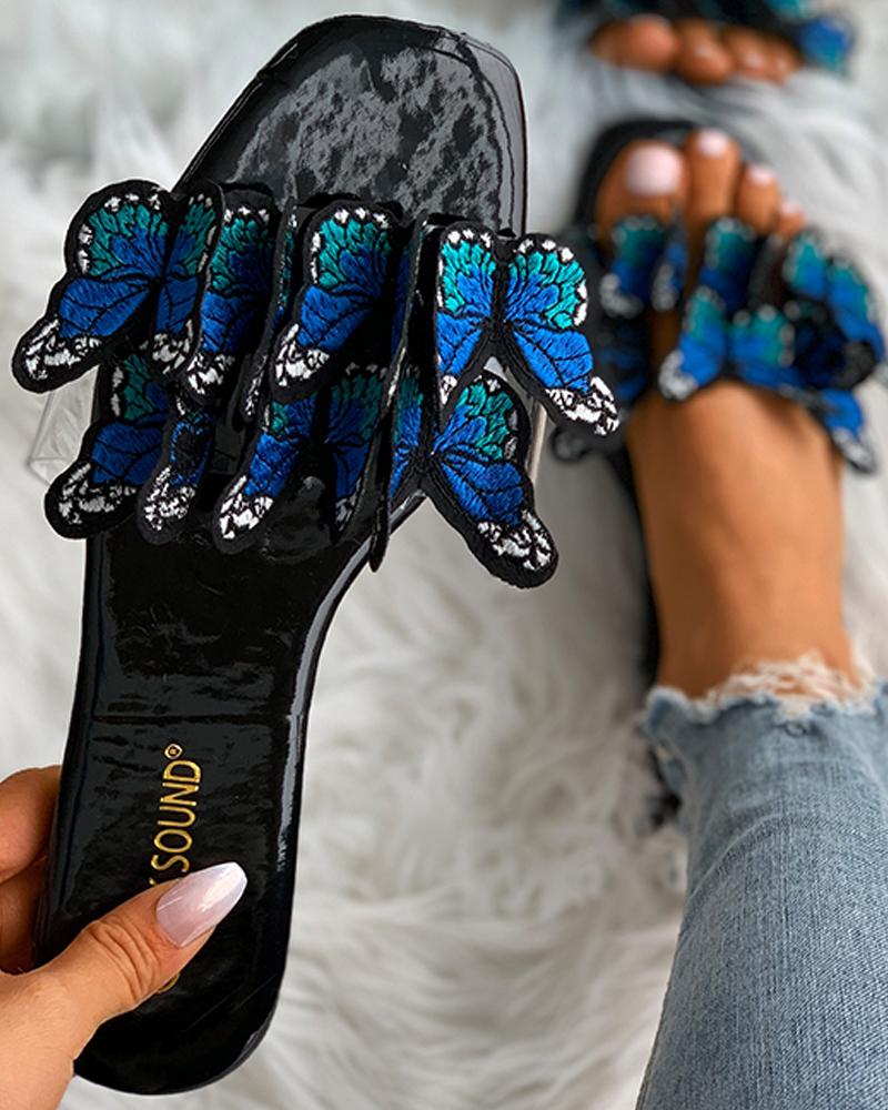 

Butterfly Pattern Square Toe Flat Sandals, Blue