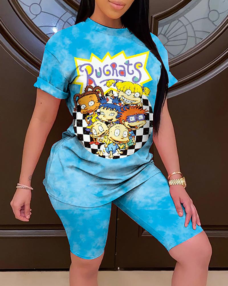 

Cartoon Tie Dye Print Top & Shorts Set, Blue