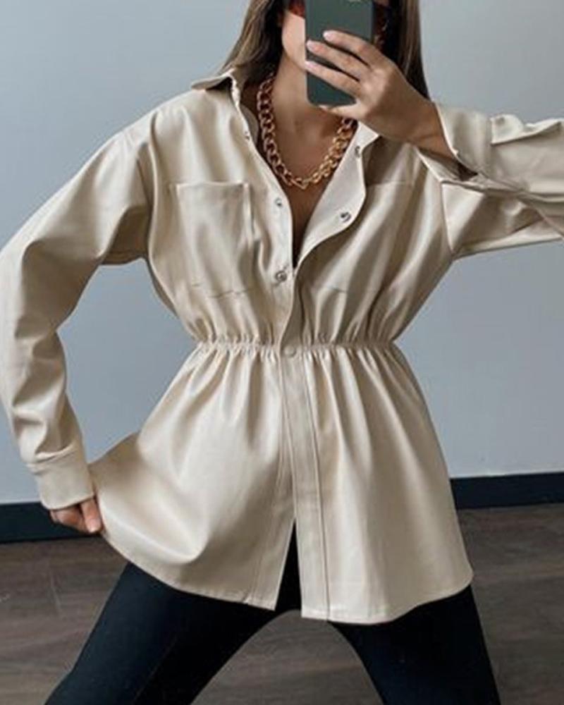 

PU Leather Long Sleeve Buttoned Shacket, Apricot