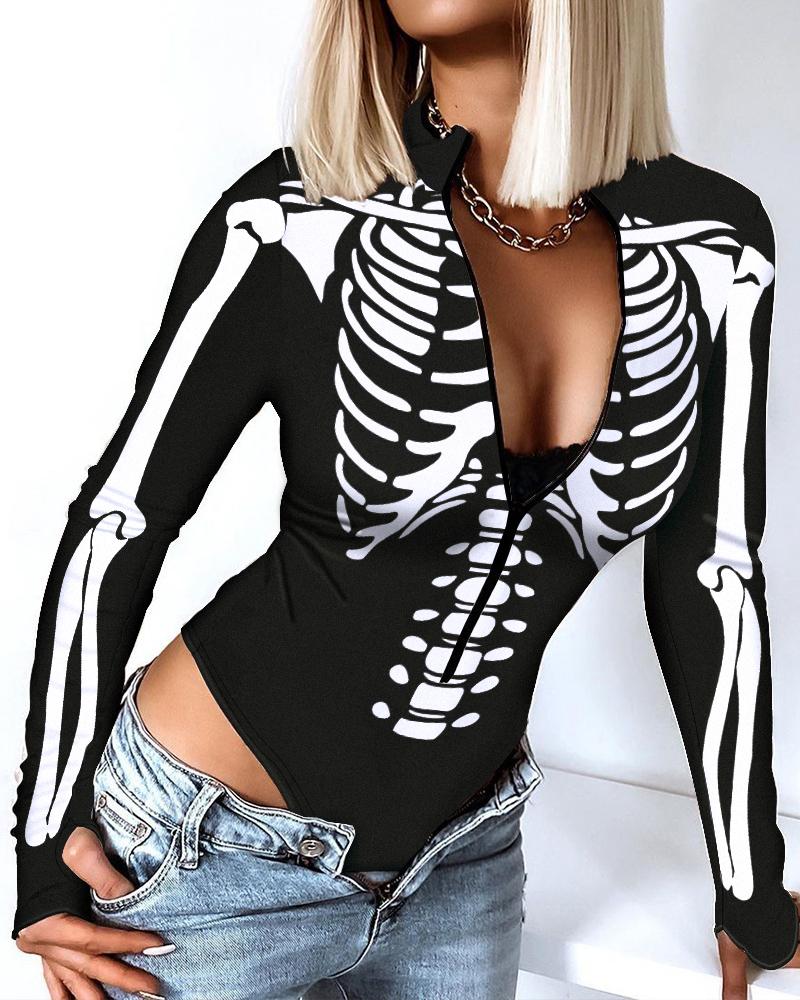 

Halloween Skeleton Print Zip Front Long Sleeve Bodysuit, Black