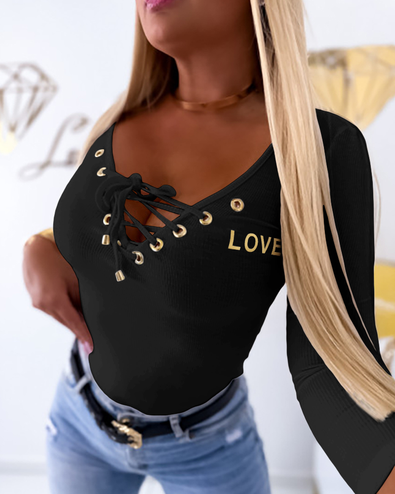 

Camisa informal de punto acanalado con cuello en V y manga larga con cordones y corte ajustado, Black
