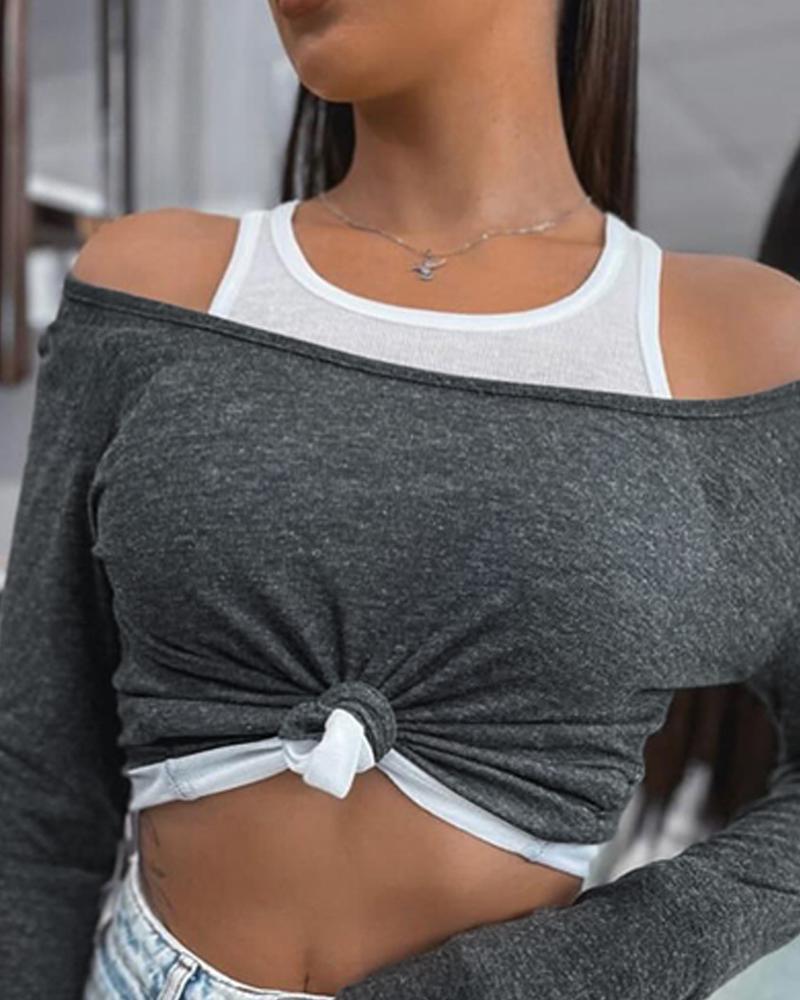 

Colorblock Print Round Neck Long Sleeve Thick Strap Tee Casual Top, Dark grey