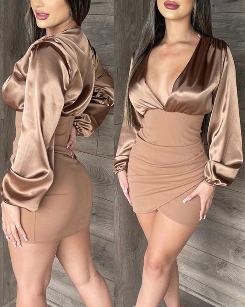 

Lantern Sleeve Ruched Patch Bodycon Dress, Champagne